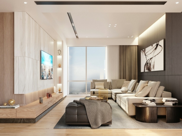 Modern furnished high-rise condo living room with sectional sofa and large window