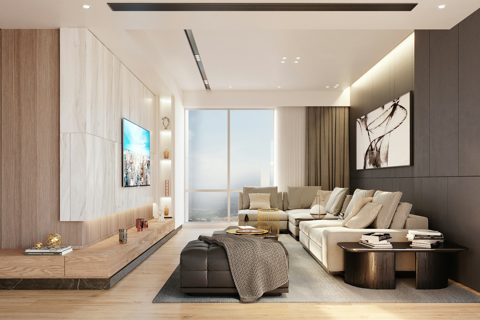 Modern furnished high-rise condo living room with sectional sofa and large window